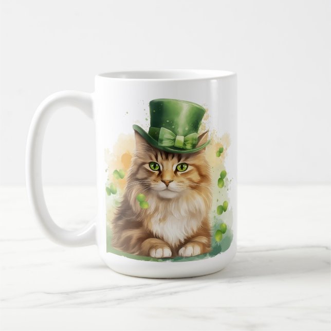 CUTE FLUFFY CAT DRESSED FOR ST PATRICKS DAY COFFEE MUG (Left)