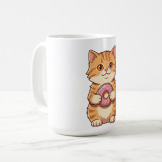 Cute Fluffy Cat Holding Pink Doughnut Cartoon Coffee Mug