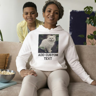 Cute Fluffy Cat White Black Text Custom Pet Photo Hoodie