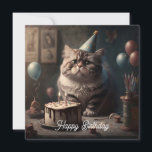Cute fluffy cat with birthday cake and balloons card<br><div class="desc">Cute fluffy cat celebrate birthday with cake,  candles and balloons. Funny pet animal greeting card.</div>