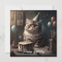Cute fluffy cat with birthday cake and balloons