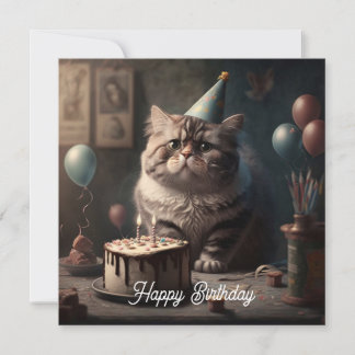 Cute fluffy cat with birthday cake and balloons card
