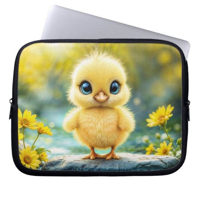 Cute fluffy chick with big eyes standing on a rock laptop sleeve (Front)