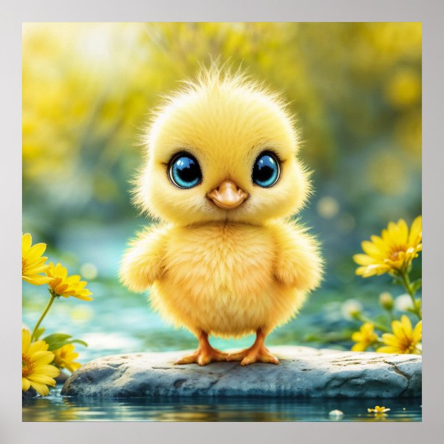 Cute fluffy chick with big eyes standing on a rock poster (Front)