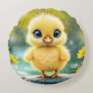 Cute fluffy chick with big eyes standing on a rock round cushion