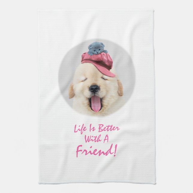 Cute Fluffy Dog with a Cat on His Head Personalise Tea Towel (Vertical)