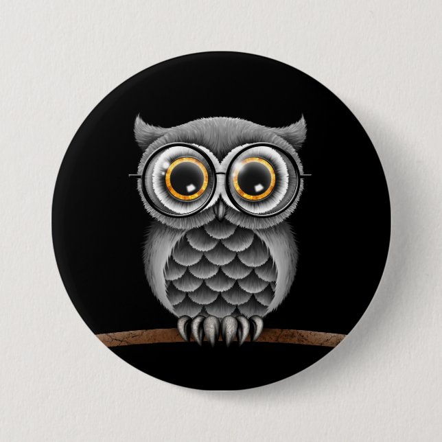 Cute Fluffy Grey Owl with Glasses, Black 7.5 Cm Round Badge (Front)