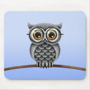 Cute Fluffy Grey Owl with Glasses, Light Blue Mouse Pad
