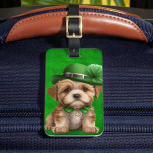 CUTE FLUFFY IRISH DOG WITH GREEN HAT LUGGAGE TAG