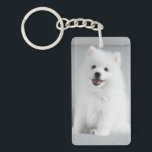 Cute Fluffy Japanese Spitz Puppy Key Ring<br><div class="desc">Adorable happy ball of fluff sitting on a grey couch.</div>