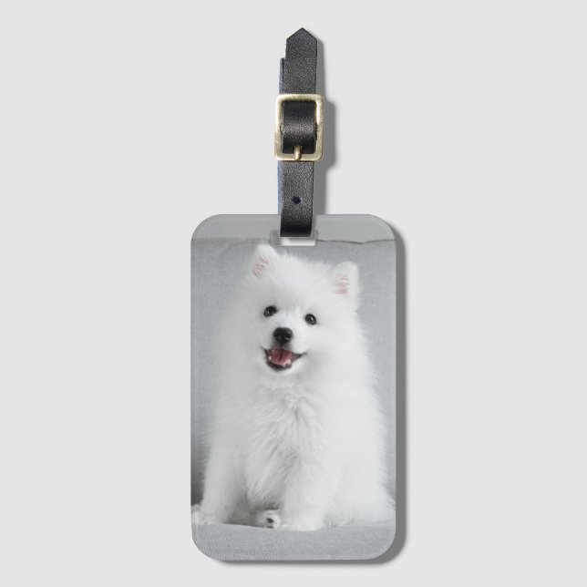 Cute Fluffy Japanese Spitz Puppy Luggage Tag (Front Vertical)