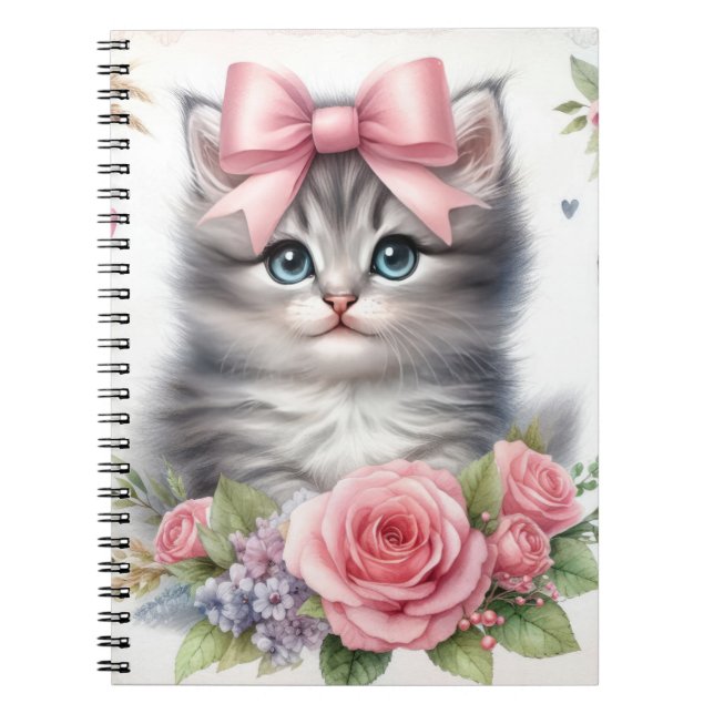 CUTE FLUFFY KITTEN WITH BOWS & FLOWERS NOTEBOOK (Front)