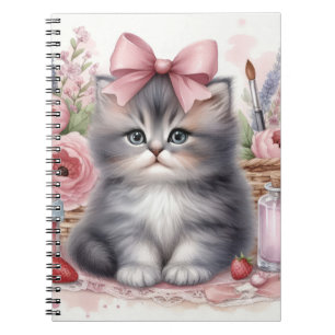 CUTE FLUFFY KITTEN WITH BOWS & FLOWERS NOTEBOOK