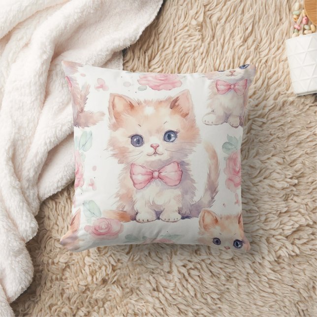 Cute Fluffy Kittens with Pink Roses Cushion (Blanket)