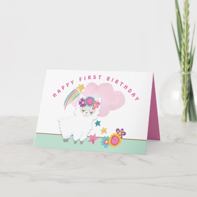 Cute Fluffy Llama Girl Happy First Birthday Card (Front)