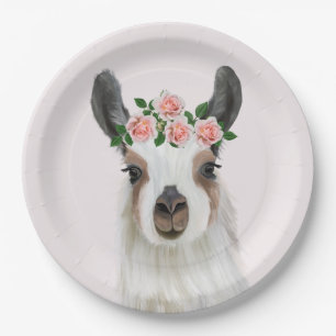 Cute Fluffy Llama With Rose Flower Crown Pink Paper Plate