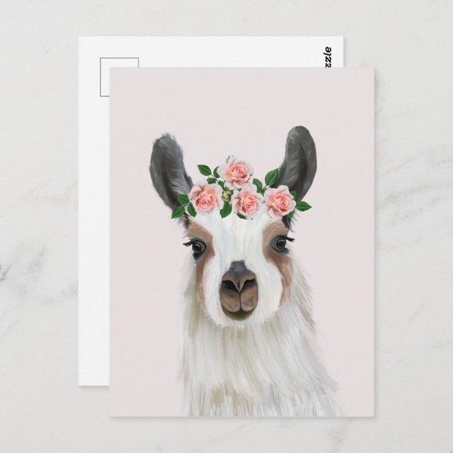 Cute Fluffy Llama With Rose Flower Crown Pink Postcard (Front/Back)