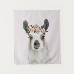 Cute Fluffy Llama With Rose Flower Crown Pink Tapestry