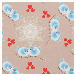 Cute Fluffy Love Birds And Sweet Red Love Hearts Fabric