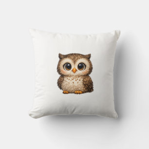 Cute Fluffy Owl Big Eyes Cartoon Digital Art Brown Cushion
