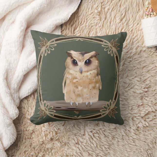 Cute Fluffy Owl With Floral Frame Cushion (Blanket)