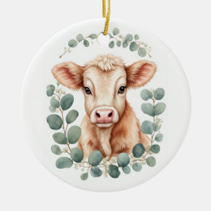 Cute Fluffy Peach Baby Calf & Eucalyptus Christmas Ceramic Tree Decoration