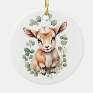 Cute Fluffy Peach Baby Goat & Eucalyptus Ceramic Tree Decoration