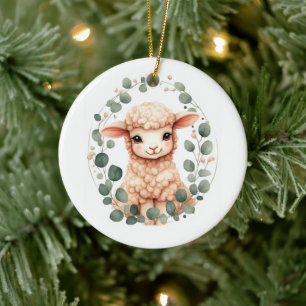 Cute Fluffy Peach Baby Lamb & Eucalyptus Ceramic Tree Decoration