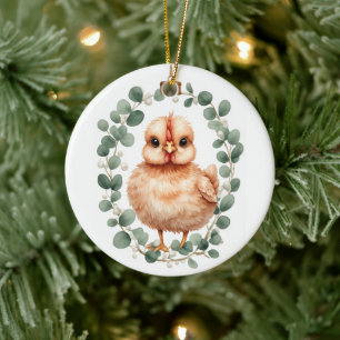 Cute Fluffy Peach Chicken & Eucalyptus Christmas Ceramic Tree Decoration