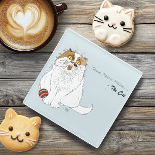Cute Fluffy Persian Cat Funny Meow Blue Glass Coaster