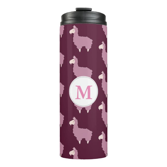Cute Fluffy Pink Llamas with Initial Thermal Tumbler (Front)