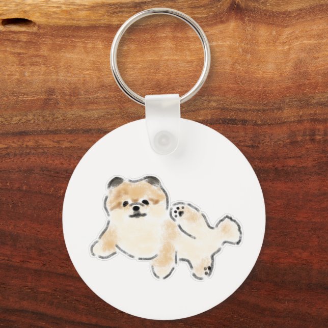Cute Fluffy Pomeranian Puppy Lying Down Key Ring (Front)