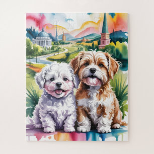 Cute Fluffy Puppies in Watercolor City Park Jigsaw Puzzle