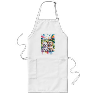 Cute Fluffy Puppies in Watercolor City Park Long Apron