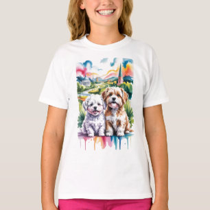 Cute Fluffy Puppies in Watercolor City Park T-Shirt