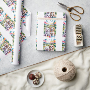 Cute Fluffy Puppies in Watercolor City Park Wrapping Paper