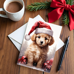 Cute Fluffy Puppy in a Santa Hat Christmas Card