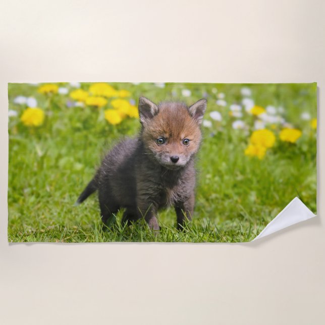 Cute Fluffy Red Fox Kit Cub Wild Baby Animal Photo Beach Towel (Front)