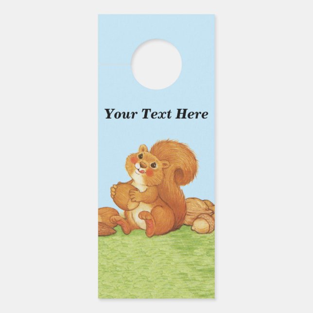 Cute Fluffy Red Squirrel in Grass Stash of Nuts Door Hanger (Front)
