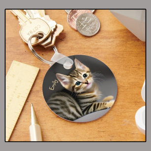 Cute fluffy tabby cat baby key ring