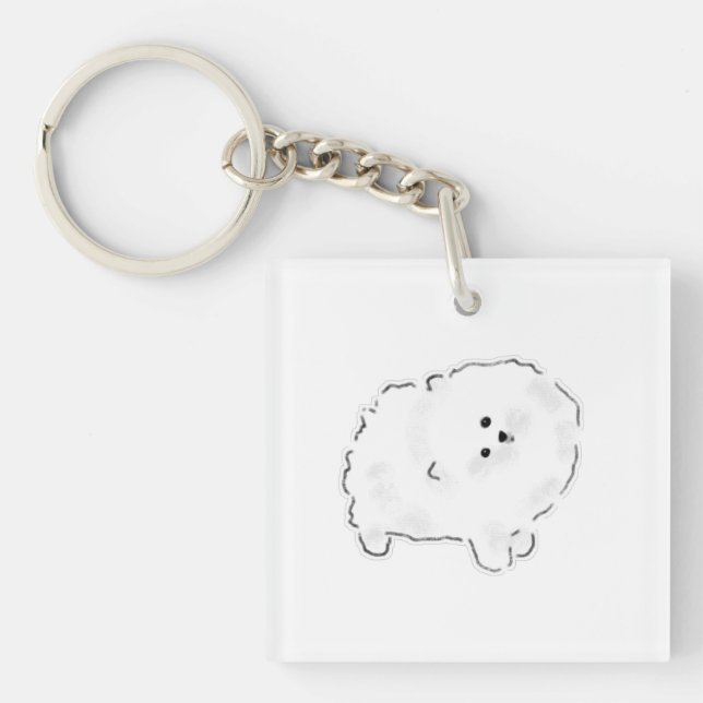Cute Fluffy White Bichon Pomeranian Dog Doodle Ill Key Ring (Front)