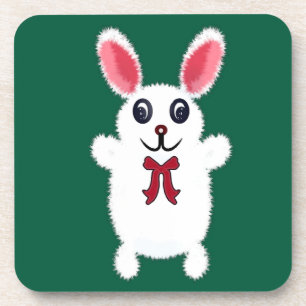 Cute Fluffy White Bunny Rabbit with Red Bow - Chri Coaster