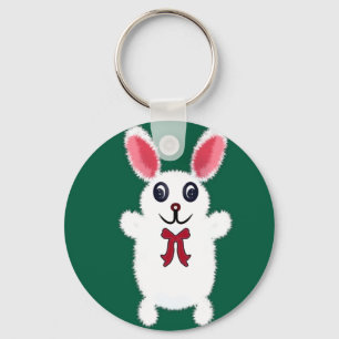 Cute Fluffy White Bunny Rabbit with Red Bow - Chri Key Ring