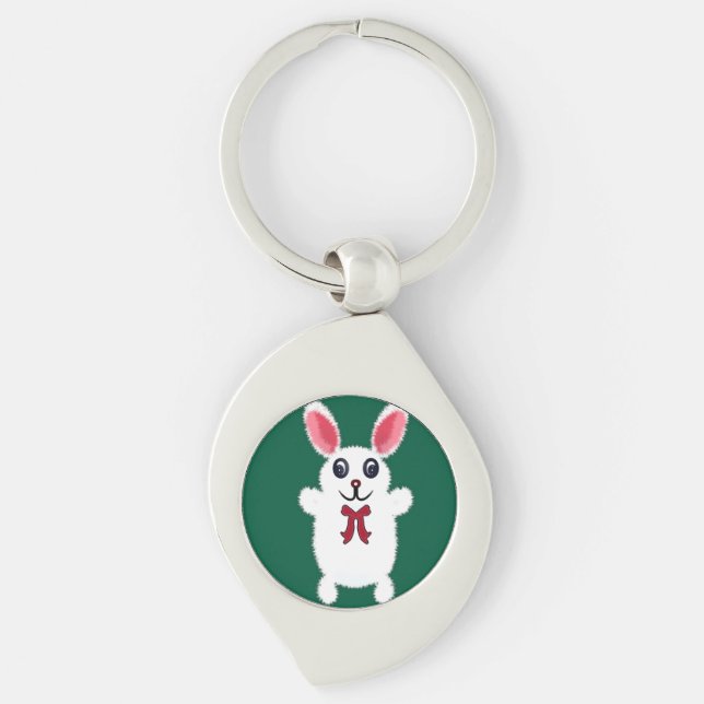 Cute Fluffy White Bunny Rabbit with Red Bow - Chri Key Ring (Front)