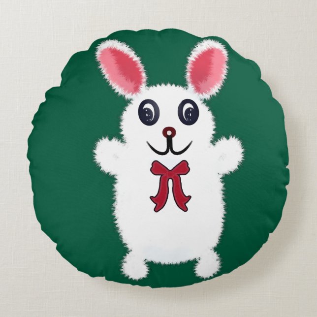 Cute Fluffy White Bunny Rabbit with Red Bow - Chri Round Cushion (Front)