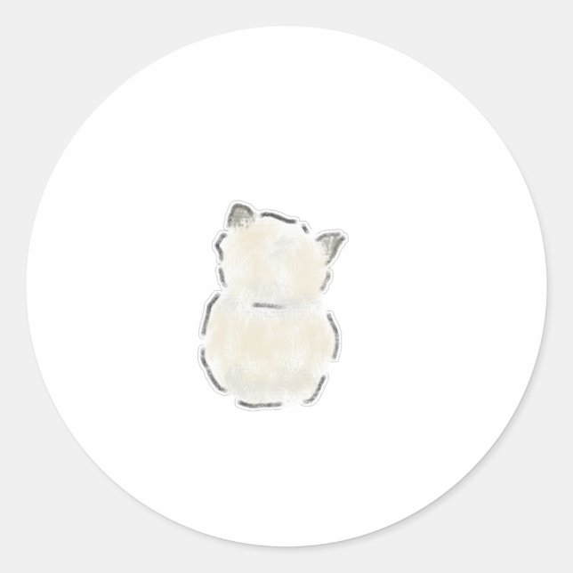 Cute Fluffy White Cat Back View Hand Drawn Art Classic Round Sticker (Front)