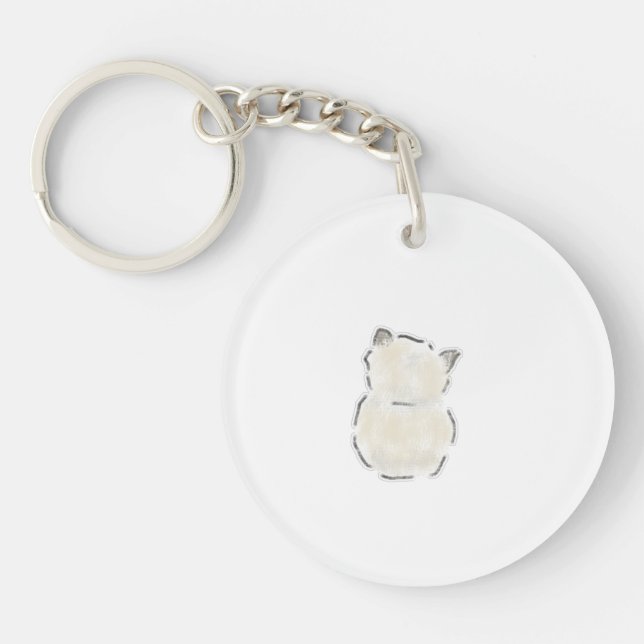 Cute Fluffy White Cat Back View Hand Drawn Art Key Ring (Front)