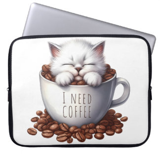 CUTE FLUFFY WHITE KITTEN IN COFFEE CUP LAPTOP SLEEVE