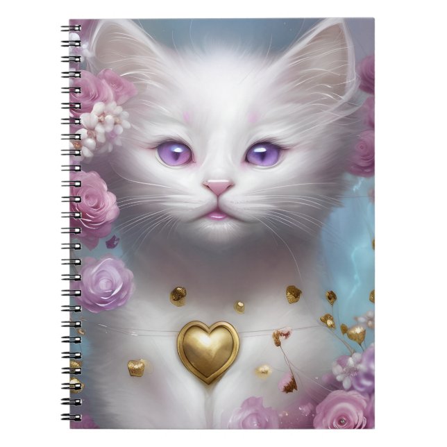 CUTE FLUFFY WHITE KITTEN WITH PINK FLOWERS NOTEBOOK (Front)