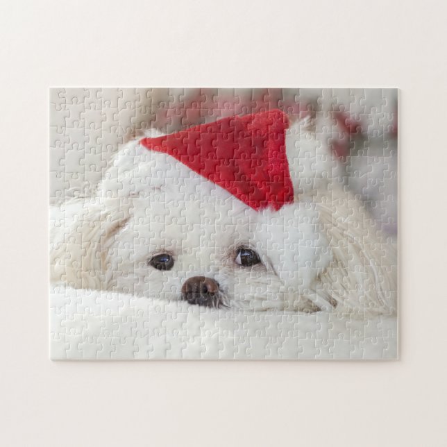 Cute Fluffy White Maltese Puppy Dog in a Santa Hat Jigsaw Puzzle (Horizontal)